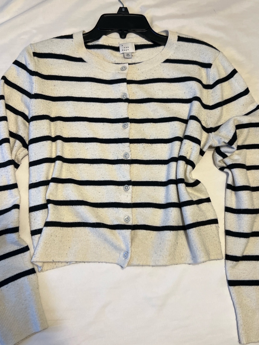 Striped Crewneck Button-Front Sweater - Black & Cream